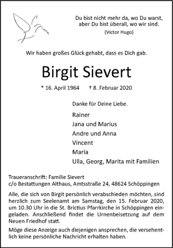 Anzeige von Birgit Sievert von Westfälische Nachrichten