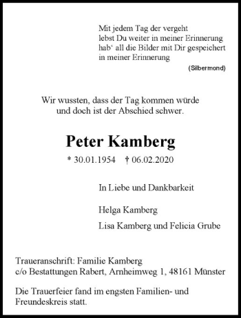 Anzeige von Peter Kamberg von Westfälische Nachrichten