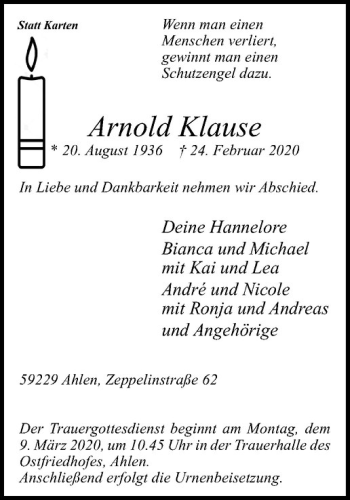 Anzeige von Arnold Klause von Westfälische Nachrichten