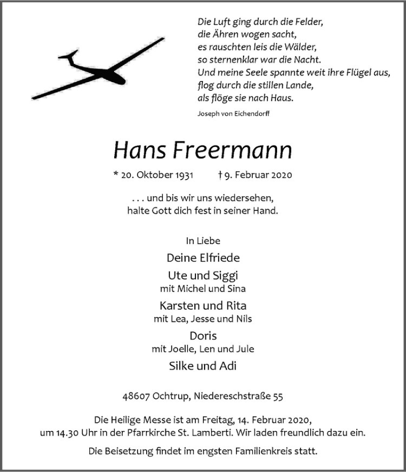  Traueranzeige für Hans Freermann vom 11.02.2020 aus Westfälische Nachrichten
