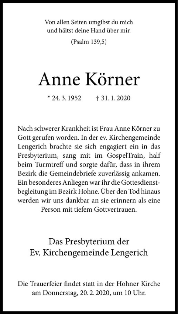  Traueranzeige für Anne Körner vom 18.02.2020 aus Westfälische Nachrichten
