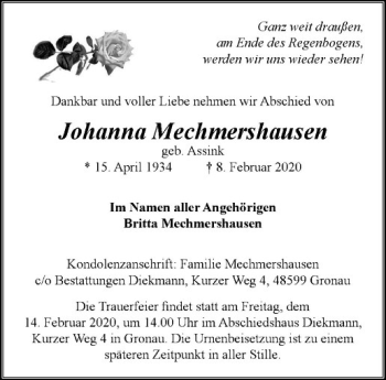 Anzeige von Johanna Mechmershausen von Westfälische Nachrichten
