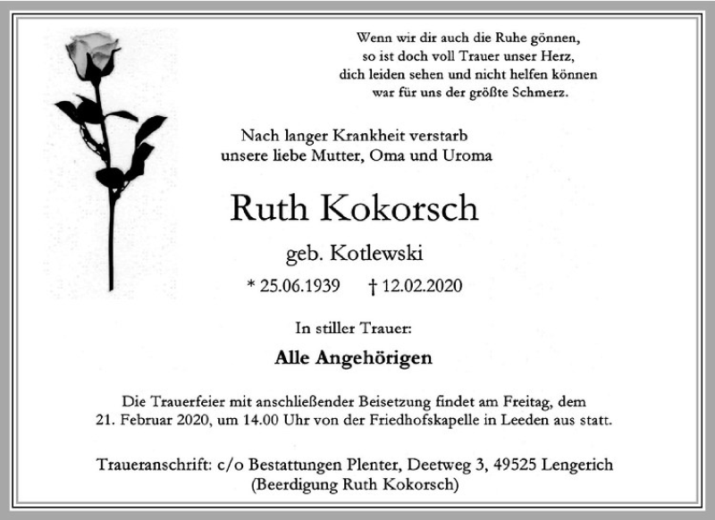 Traueranzeige für Ruth Kokorsch vom 20.02.2020 aus Westfälische Nachrichten