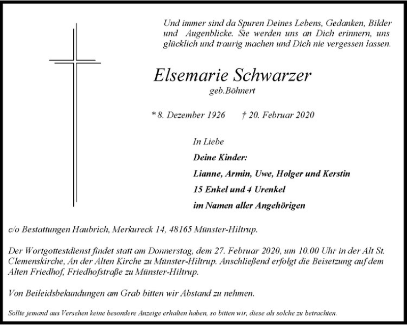  Traueranzeige für Elsemarie Schwarzer vom 26.02.2020 aus Westfälische Nachrichten