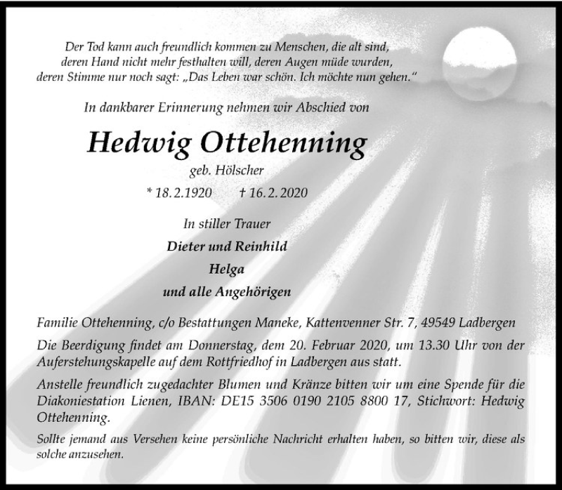 Traueranzeige für Heweig Ottehenning vom 18.02.2020 aus Westfälische Nachrichten