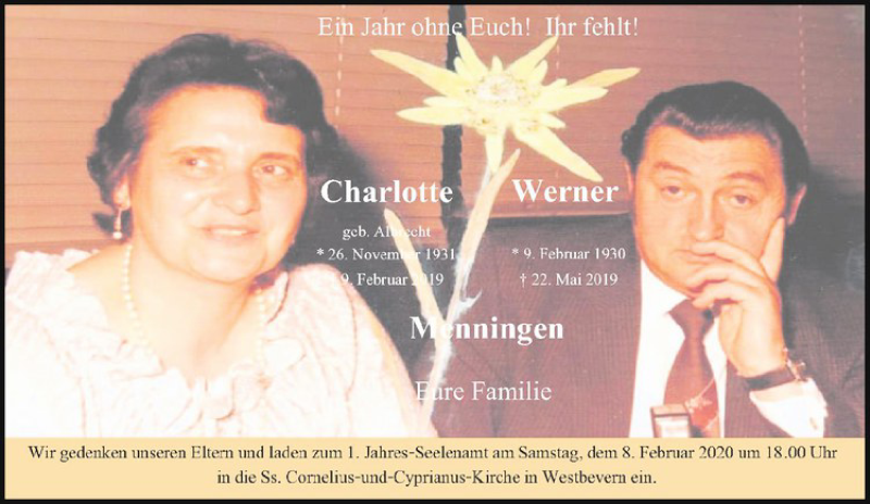  Traueranzeige für Charlotte Menningen vom 08.02.2020 aus Westfälische Nachrichten
