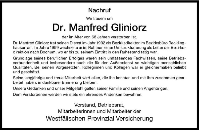  Traueranzeige für Manfred Gliniorz vom 12.02.2020 aus Westfälische Nachrichten