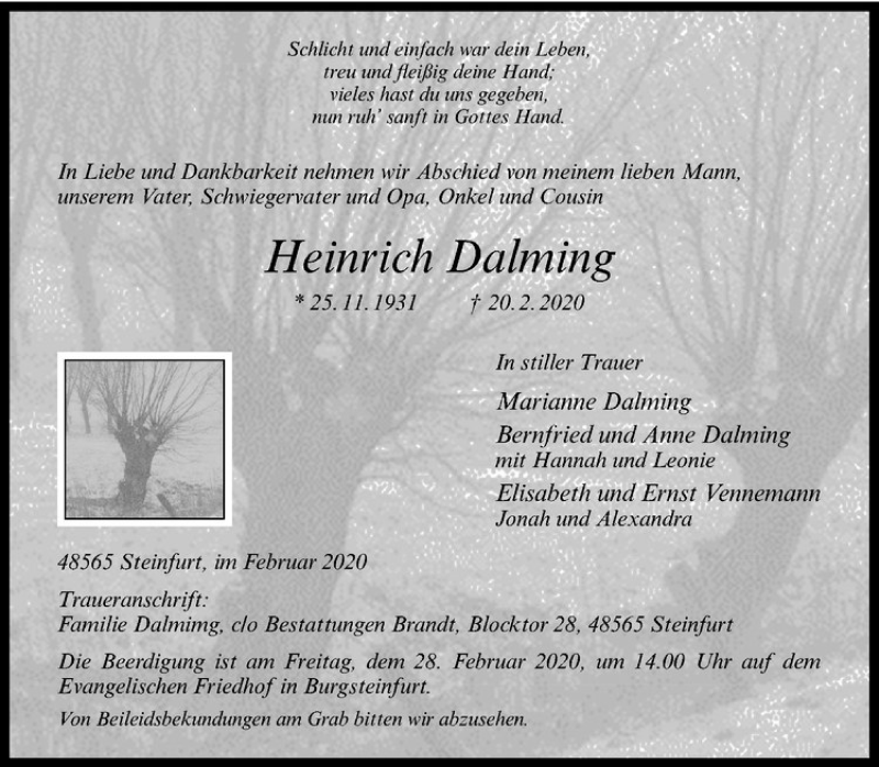  Traueranzeige für Heinrich Dalming vom 26.02.2020 aus Westfälische Nachrichten