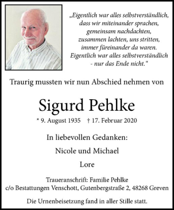 Anzeige von Sigurd Pehlke von Westfälische Nachrichten