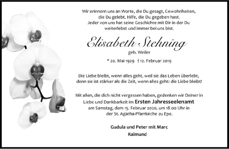  Traueranzeige für Elisabeth Stehning vom 12.02.2020 aus Westfälische Nachrichten