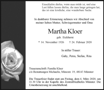 Anzeige von Martha Kloer von Westfälische Nachrichten