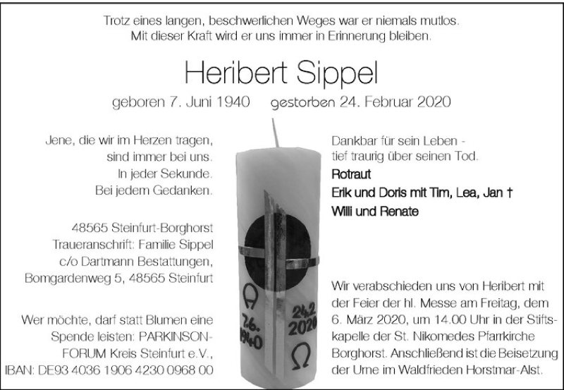  Traueranzeige für Heribert Sippel vom 29.02.2020 aus Westfälische Nachrichten