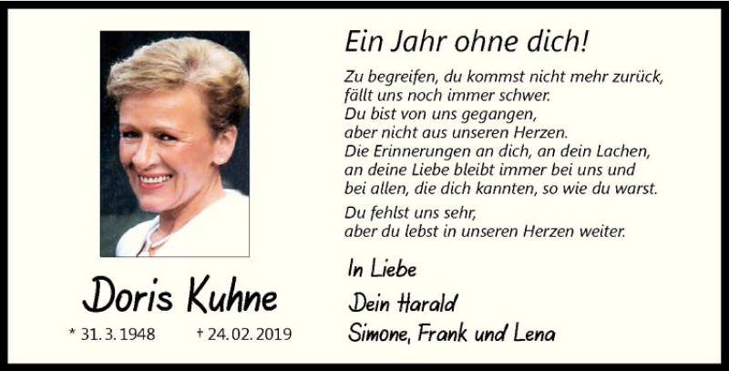  Traueranzeige für Doris Kuhne vom 22.02.2020 aus Westfälische Nachrichten