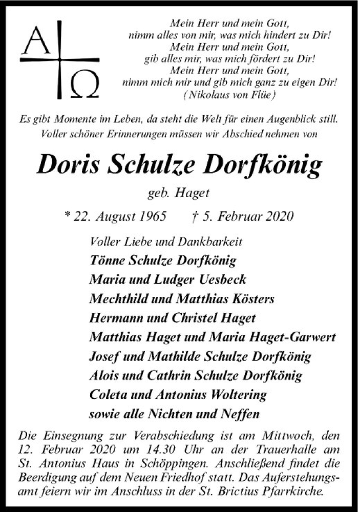  Traueranzeige für Doris Schulze Dorfkönig vom 08.02.2020 aus Westfälische Nachrichten