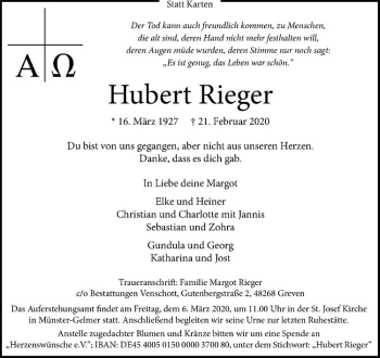 Anzeige von Hubert Rieger von Westfälische Nachrichten