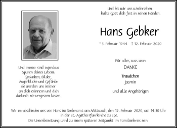 Anzeige von Hans Gebker von Westfälische Nachrichten