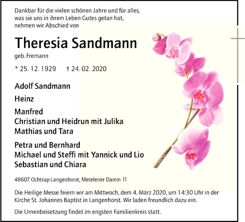  Traueranzeige für Theresia Sandmann vom 28.02.2020 aus Westfälische Nachrichten