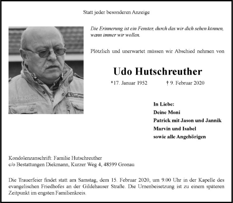  Traueranzeige für Udo Hutschreuther vom 12.02.2020 aus Westfälische Nachrichten