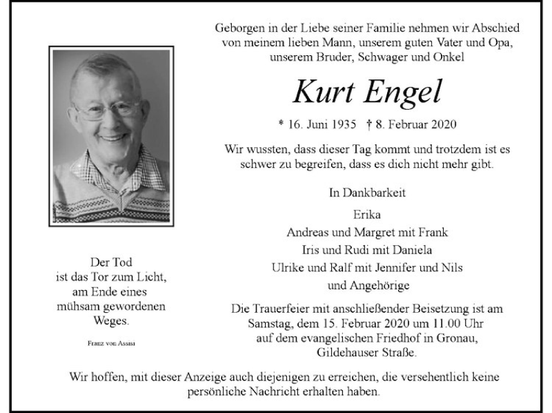  Traueranzeige für Kurt Engel vom 12.02.2020 aus Westfälische Nachrichten