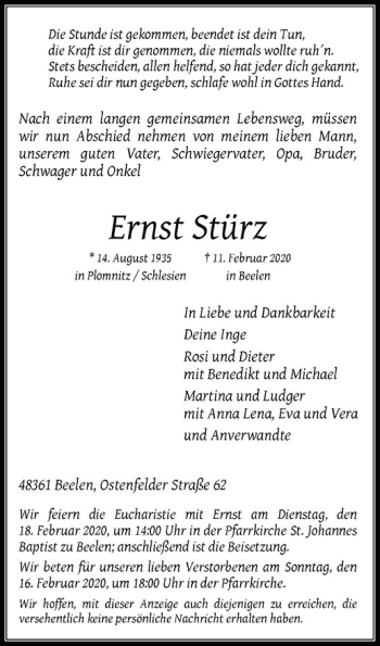 Anzeige von Ernst Stürz von Westfälische Nachrichten