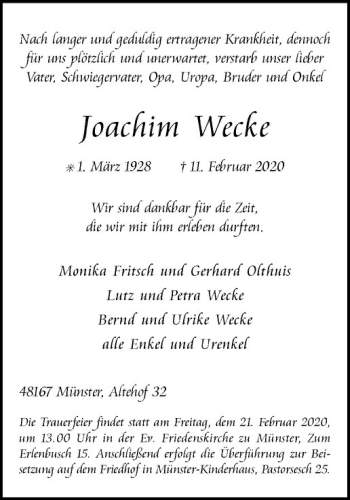 Anzeige von Joachim Wecke von Westfälische Nachrichten