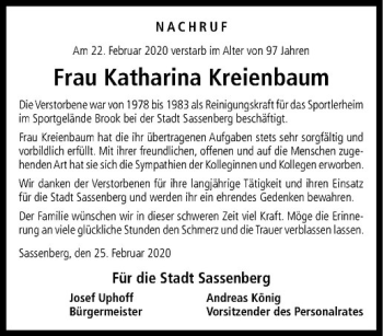 Anzeige von Katharina Kreienbaum von Westfälische Nachrichten