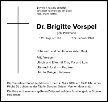 Anzeige von Brigitte Vorspel von Westfälische Nachrichten