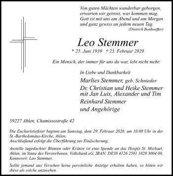 Anzeige von Leo Stemmer von Westfälische Nachrichten