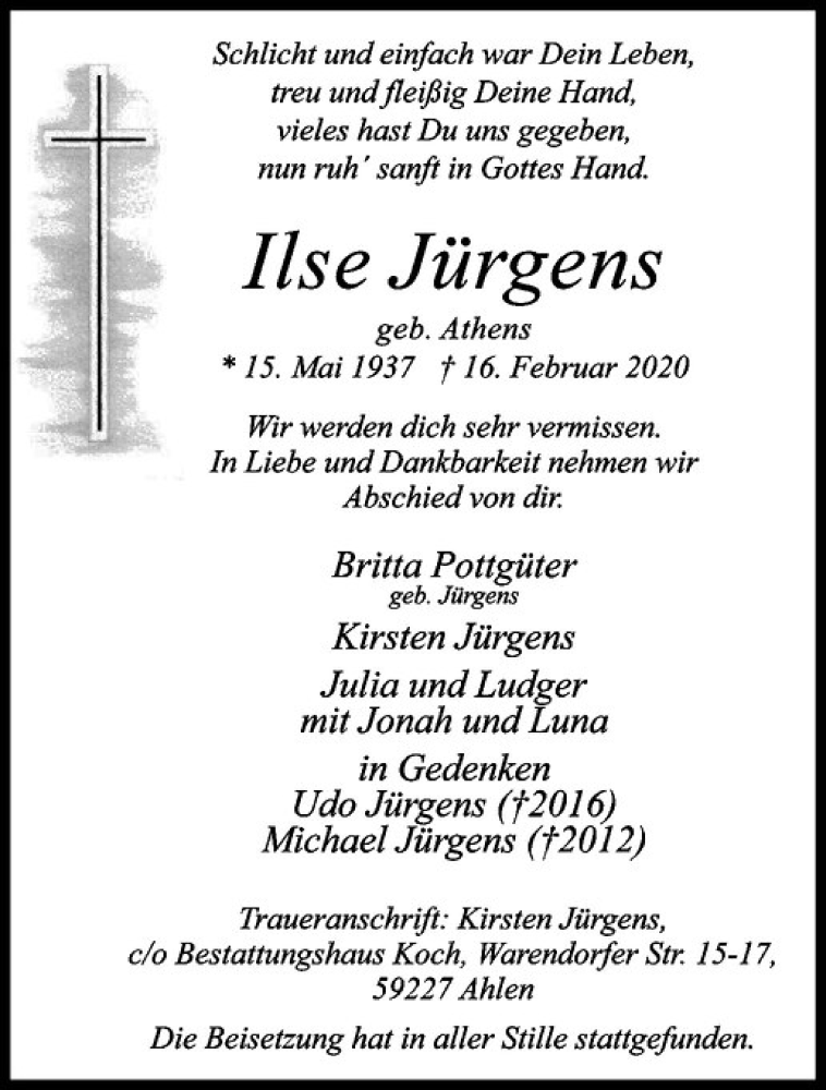  Traueranzeige für Ilse Jürgens vom 28.02.2020 aus Westfälische Nachrichten