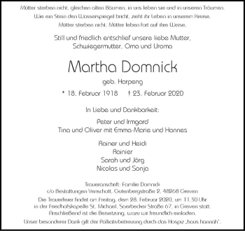 Anzeige von Martha Domnick von Westfälische Nachrichten