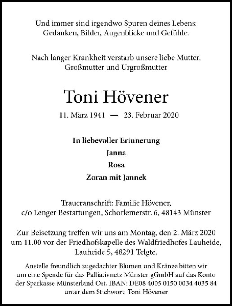  Traueranzeige für Toni Hövener vom 29.02.2020 aus Westfälische Nachrichten