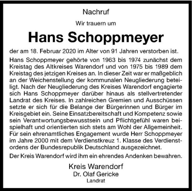  Traueranzeige für Hans Schoppmeyer vom 28.02.2020 aus Westfälische Nachrichten