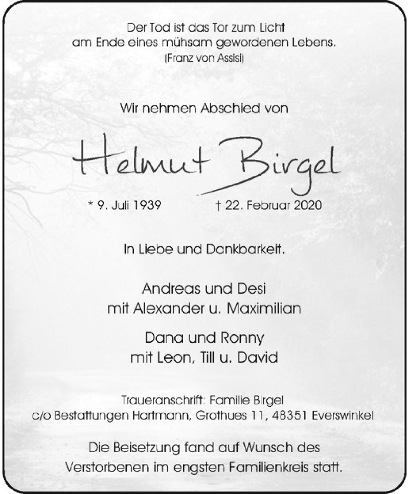  Traueranzeige für Helmut Birgel vom 29.02.2020 aus Westfälische Nachrichten