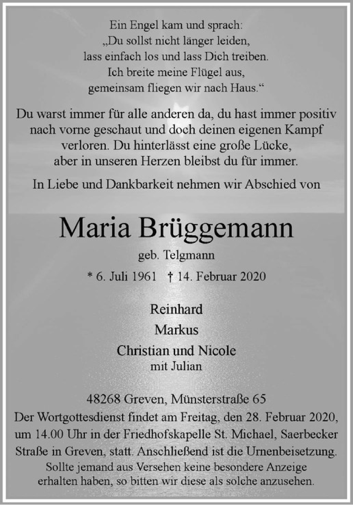  Traueranzeige für Maria Brüggemann vom 22.02.2020 aus Westfälische Nachrichten