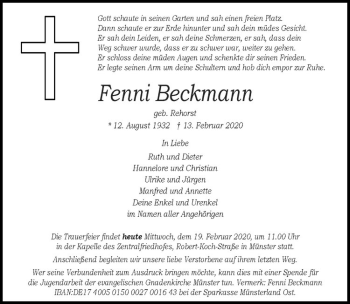 Anzeige von Fenni Beckmann von Westfälische Nachrichten