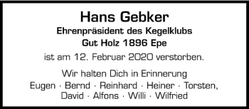 Anzeige von Hans Gebker von Westfälische Nachrichten