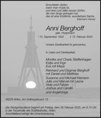 Anzeige von Anni Berghoff von Westfälische Nachrichten