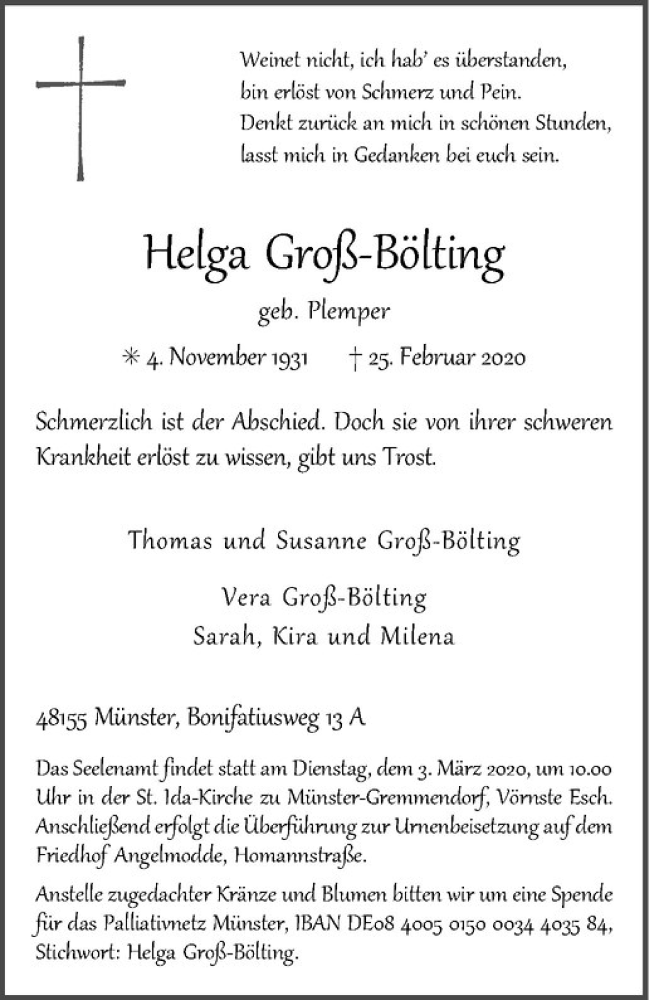  Traueranzeige für Helga Groß-Bölting vom 29.02.2020 aus Westfälische Nachrichten