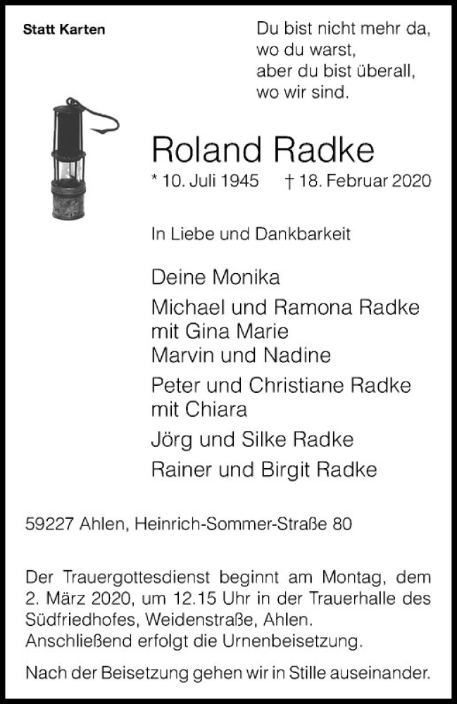  Traueranzeige für Roland Radke vom 26.02.2020 aus Westfälische Nachrichten