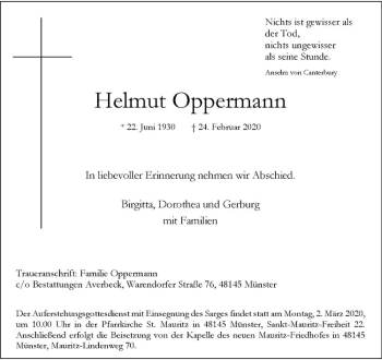 Anzeige von Helmut Oppermann von Westfälische Nachrichten