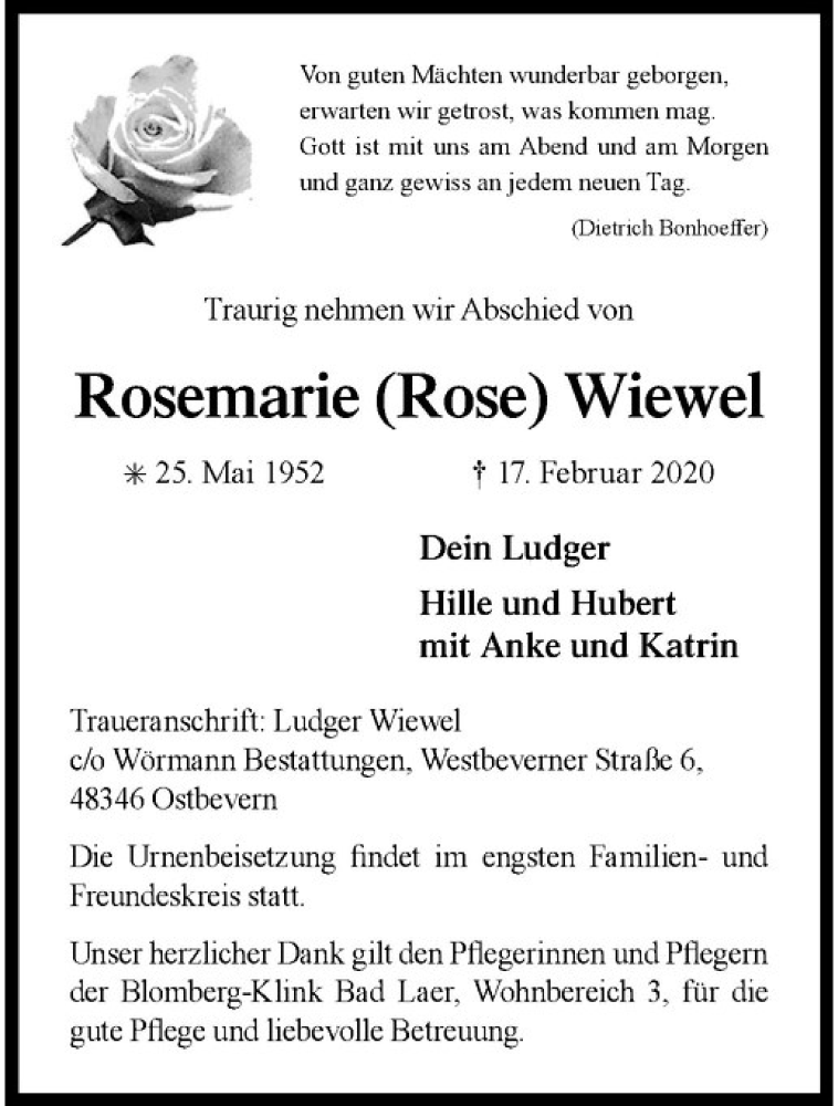  Traueranzeige für Rosemarie Wiewel vom 21.02.2020 aus Westfälische Nachrichten