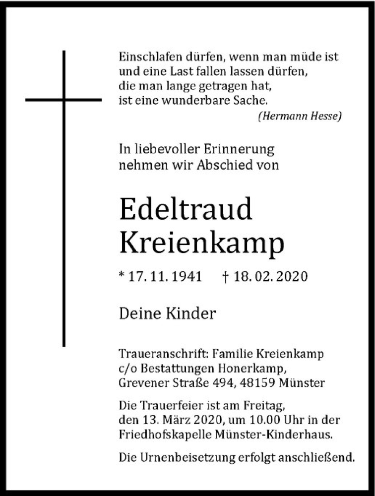  Traueranzeige für Edeltraud Kreienkamp vom 22.02.2020 aus Westfälische Nachrichten
