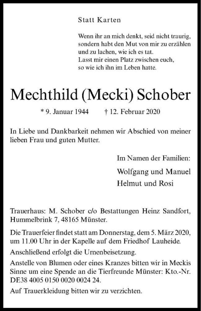  Traueranzeige für Mechthild Mecki Schober vom 29.02.2020 aus Westfälische Nachrichten