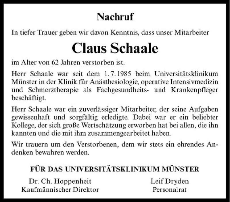  Traueranzeige für CLAUS SCHAALE vom 08.02.2020 aus Westfälische Nachrichten