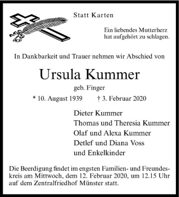 Anzeige von Ursula Kummer von Westfälische Nachrichten