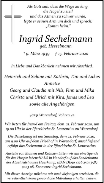 Anzeige von Ingrid Sechelmann von Westfälische Nachrichten