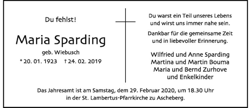  Traueranzeige für Maria Sparding vom 22.02.2020 aus Westfälische Nachrichten