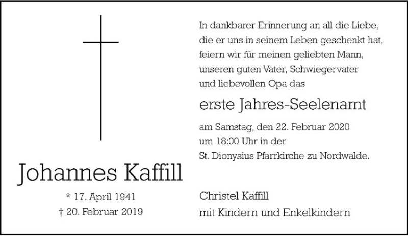  Traueranzeige für Johannes Kaffill vom 15.02.2020 aus Westfälische Nachrichten