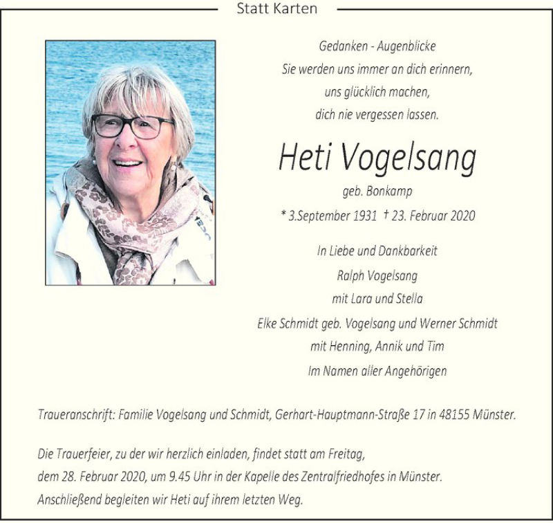  Traueranzeige für Heti Vogelsang vom 26.02.2020 aus Westfälische Nachrichten