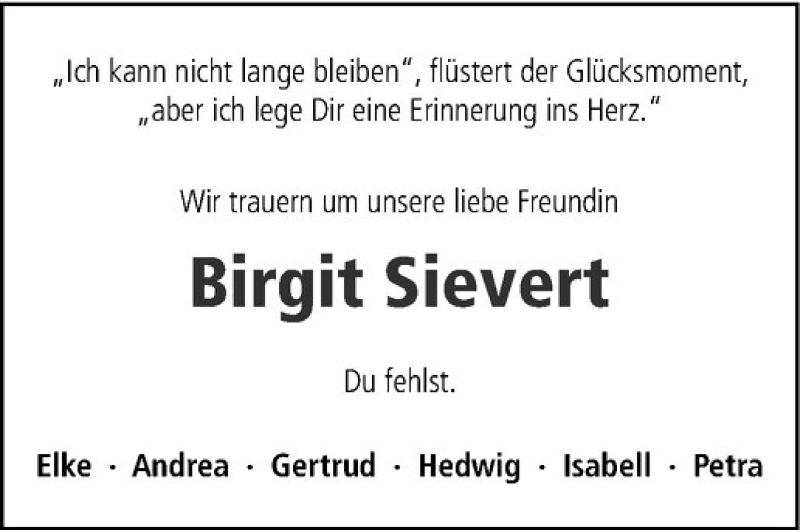  Traueranzeige für Birgit Sievert vom 13.02.2020 aus Westfälische Nachrichten